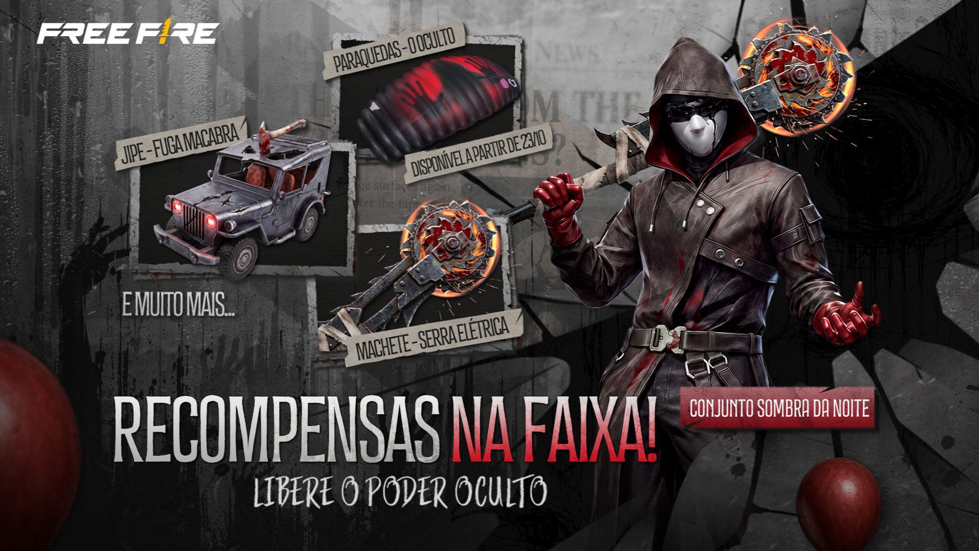 Imagem oficial de recompensas gratuitas do evento O Oculto no Free Fire, com conjunto Sombra da Noite, jipe e machete