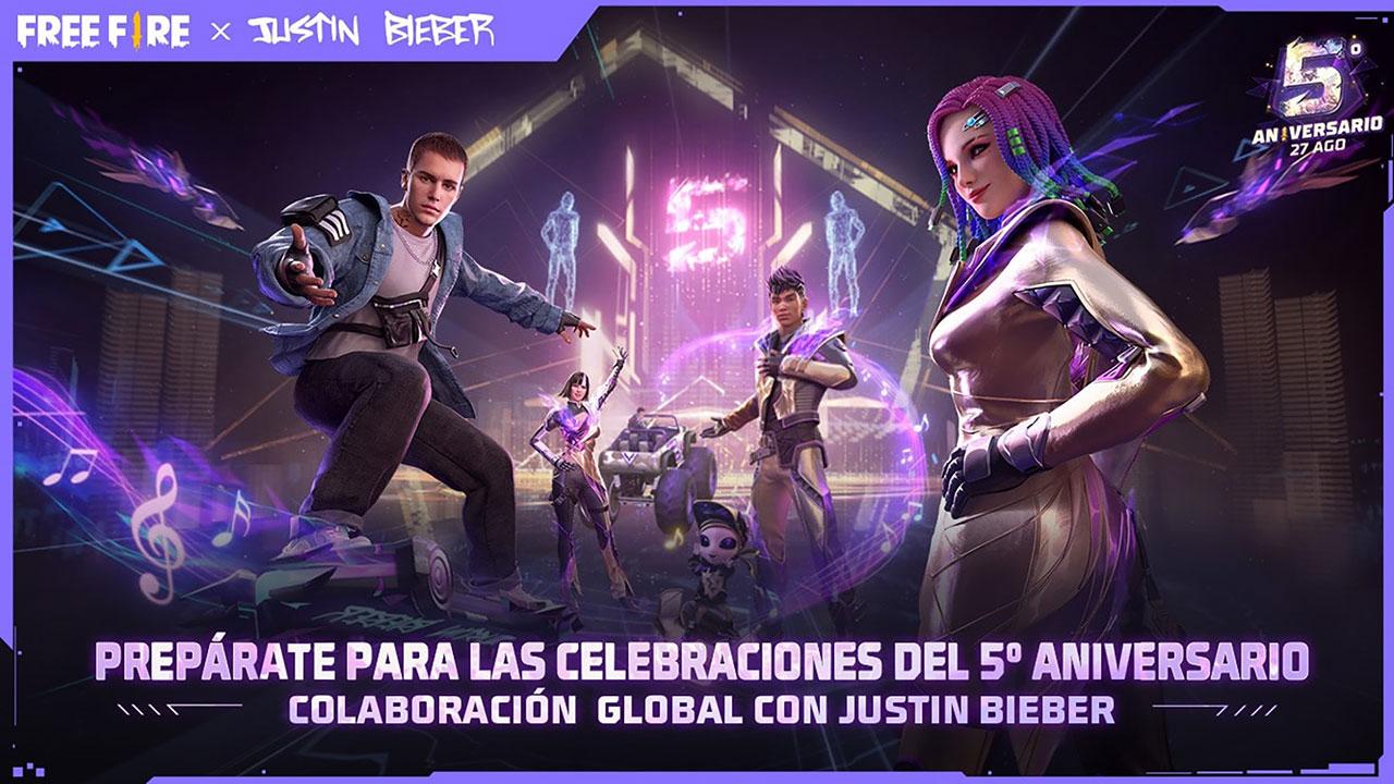 Prepárate para las celebraciones del 5º Aniversario de Free Fire con Justin Bieber